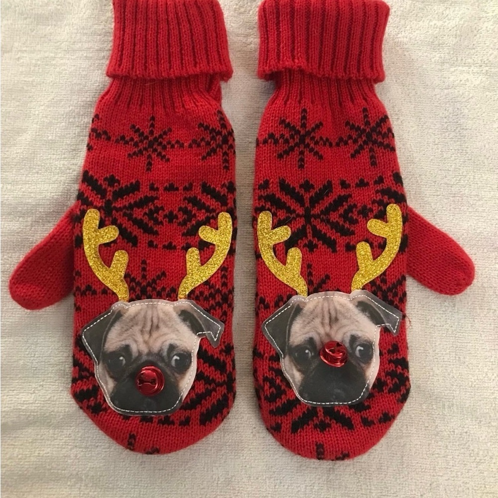 Red Pug Reindeer Mittens
